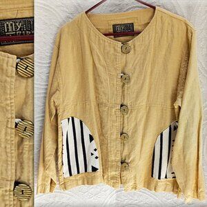 My Tribe 100% Linen Tribal Print Ethnic Look Jacket Unique Buttons Sz-S (T-386)